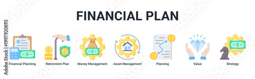Financial Plan banner with financial planning,retirement plan,money management,asset management,planning,value and strategy icons for business and finance concept