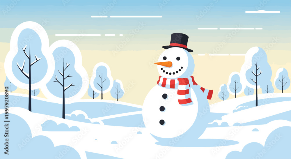 Fototapeta premium A cheerful snowman in a snowy landscape with trees
