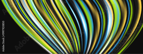 Abstract colorful lines radiate from bottom left, creating dynamic visual effect against dark background. Bright hues dominate composition.