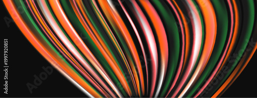 Abstract colorful lines radiate from center. Dark background emphasizes vibrant curves, creating dynamic visual effect.