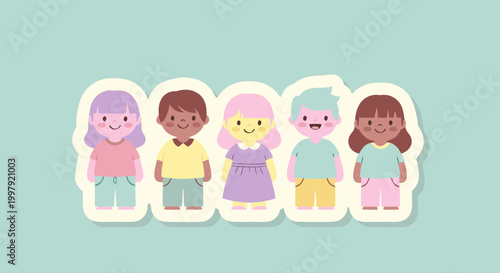 Diverse group of smiling cartoon children in pastel clothing, representing childhood and unity