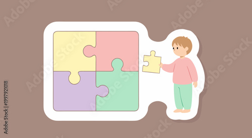 Boy Completing a Jigsaw Puzzle with Four Colorful Pieces, Illustrating Problem Solving and Development