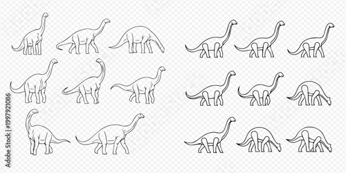 Set of Brontosaurus and Apatosaurus dinosaurs in various poses, hand-drawn outline illustrations.