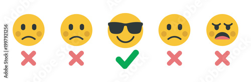 Customer satisfaction and feedback rating concept with sad emojis and one cool sunglasses face with checkmark, customer review feedback rating satisfaction evaluation vector illustration