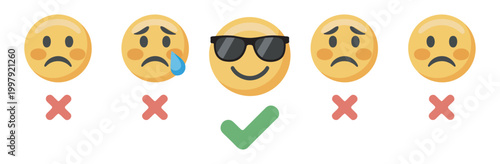 Customer satisfaction and feedback rating concept with sad emojis and one cool sunglasses face with checkmark, customer review feedback rating satisfaction evaluation vector illustration