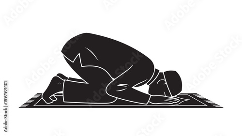 Muslim man praying on prayer mat vector illustration flat design minimalist art