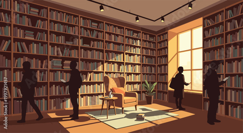 Schilderij op canvas People in a library with bookshelves and a cozy reading area