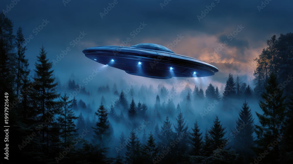 Fototapeta premium A glowing UFO hovers above a dark, misty forest at dusk, casting an eerie blue light over the tall pine trees.