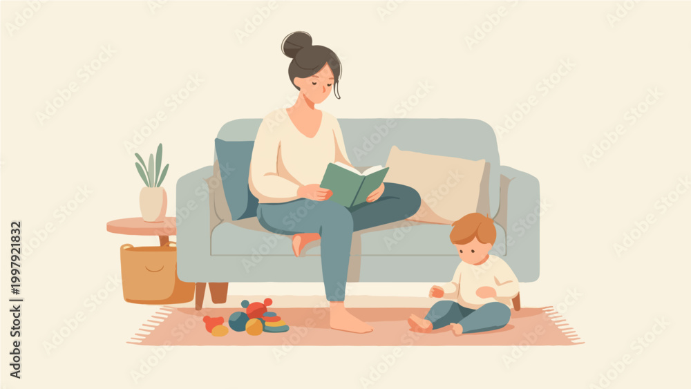 Fototapeta premium Parent Reading While Child Plays at Home, Mother's Day