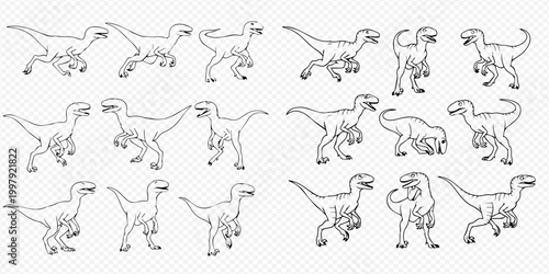 Set of various raptor dinosaur poses in line art style on transparent background.