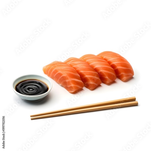 Salmon Sashimi, Soy Sauce, and Chopsticks Isolated on White