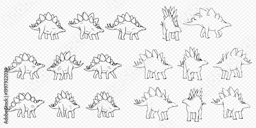 Collection of hand-drawn Stegosaurus dinosaurs in various poses, line art illustration on a checkered background.