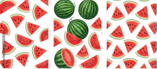Watermelon slices and whole fruit collection with fresh summer juicy pieces and seamless pattern design isolated vector set