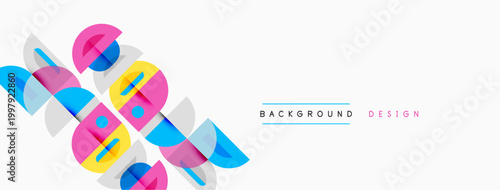 Abstract geometric shapes overlap, creating vibrant visual texture. Soft colors dominate design, offering modern aesthetic.