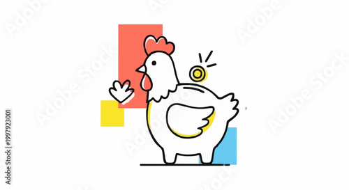 Illustration of a friendly chicken waving its wing on a colorful scene
