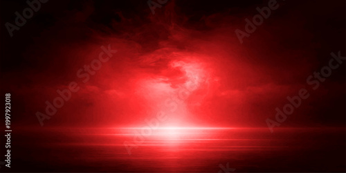Beautiful abstract red background featuring an explosion of sunlight and glowing rays through a dramatic storm cloudscape during a sunset atmosphere