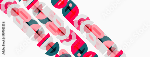 Abstract pattern features overlapping circles, rectangles. Pink, teal, gray hues create dynamic visual texture. Minimalist design.