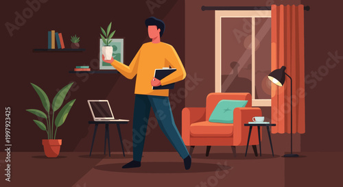 man working from home with laptop and books in living room
