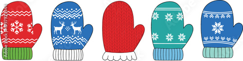 Winter mittens vector illustration set with knitted patterns and snowflake designs, colorful cozy gloves collection for cold season isolated on white background