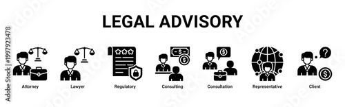 Legal Advisory banner with attorney,lawyer,regulatory,consulting,consultation,representative and client icons for legal service concept
