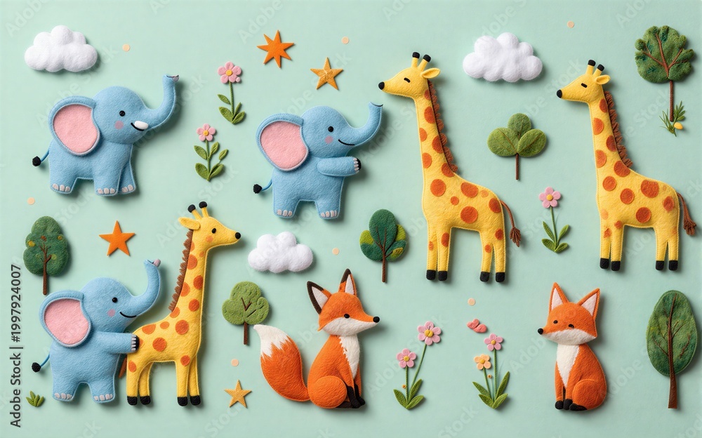 Fototapeta premium Cute felt animals and flowers on a soft green background with clouds.