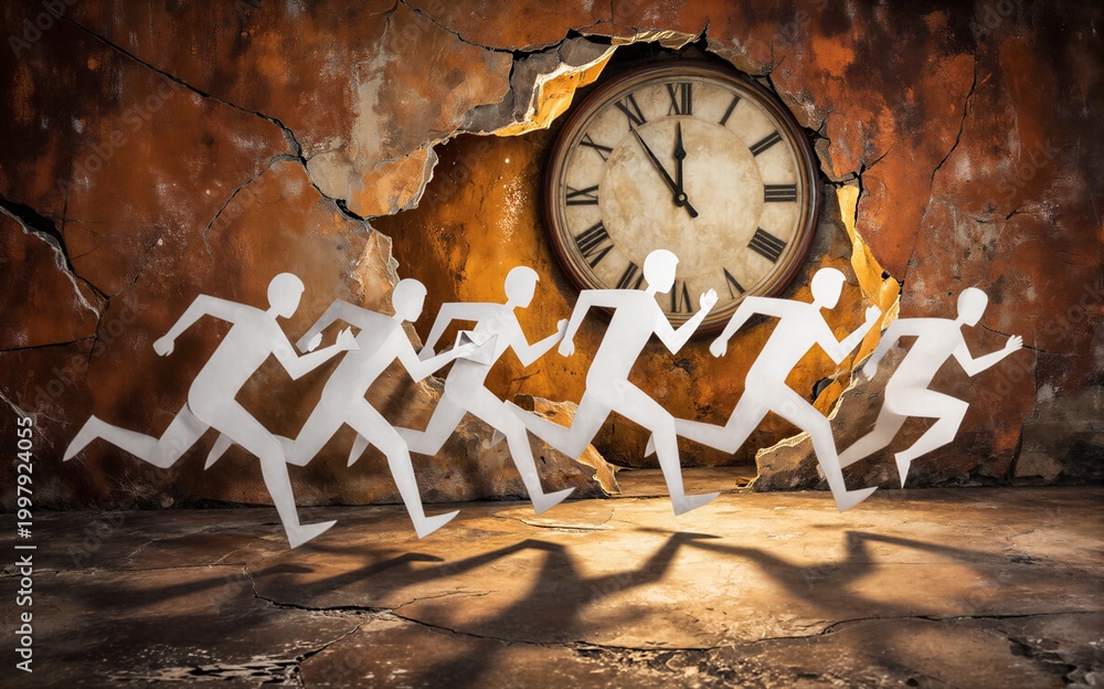 Fototapeta premium Paper cutouts of people race past a broken wall toward an old clock.