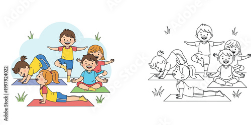 Happy kids practicing yoga and meditation outdoors set of colored illustration and black and white line art coloring page for children educational fitness activities and school projects