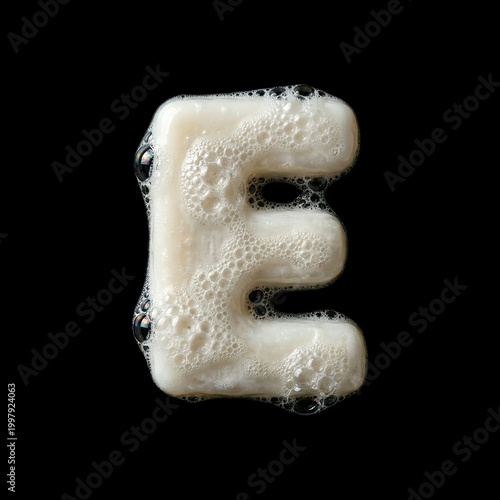Solid soap with bubbles and foam letter E - large creative font isolated on black background. Perfect alphabet for creative illustrations related to beauty, hygiene, purity...