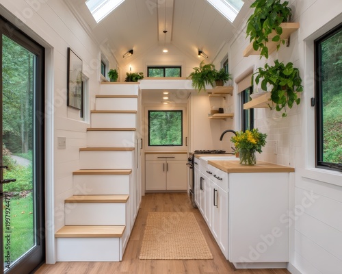 A bright, modern tiny house interior with white walls, wooden floors, stairs leading to a loft, kitchen cabinets, plants, and large windows showing greenery outside.