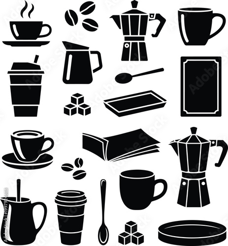 Coffee and drinks icons: coffee cups mugs pots to-go cups sugar cubes beans spoon with to go cup