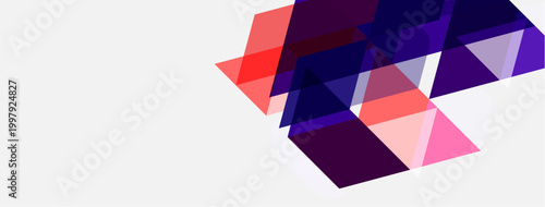 Abstract geometric shapes overlap, creating vibrant color gradients. Pink, purple, dark blue hues dominate white background. Modern design.