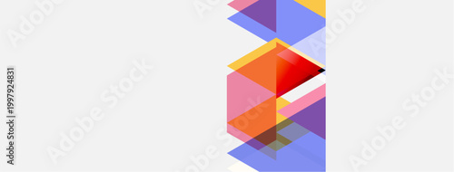 Abstract geometric shapes overlap, creating colorful layers. Pink, orange, purple hues dominate white background. Modern design.