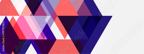 Abstract geometric shapes, triangles dominate composition. Pink, purple hues blend with white space. Modern design element.