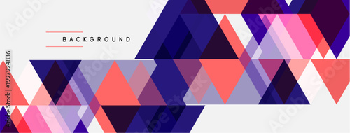 Abstract geometric pattern. Triangles overlap, creating vibrant pink, purple hues. Modern design suitable for backgrounds, presentations.