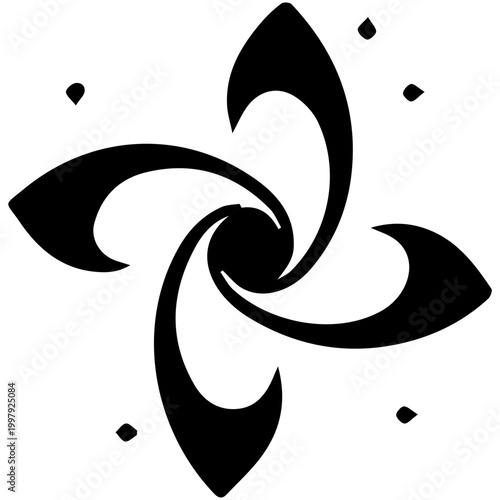 dynamic black spiral star silhouette with sharp curved blades and surrounding dots, perfect for high-energy abstract logos and tribal motifs.