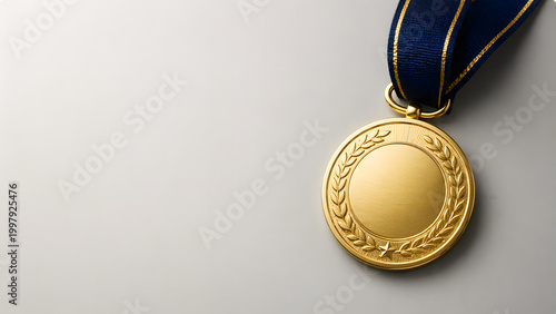 A shiny gold medal with a laurel wreath design and a dark blue ribbon, resting on a light grey background, symbolizing victory and achievement.