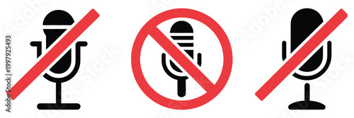 No microphone vector icons off audio muted sound prohibition record stop voice, audio input disabled and voice restriction symbol set, privacy and sound control concept vector