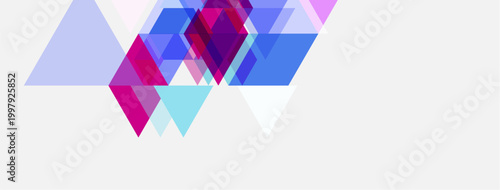 Abstract geometric shapes overlap, creating vibrant color patterns. Pink, blue, purple hues dominate white background. Modern design.