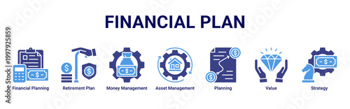 Financial Plan banner with financial planning,retirement plan,money management,asset management,planning,value and strategy icons for business and finance concept