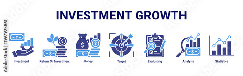 Investment Growth banner featuring investment,ROI,money,target,evaluating,analysis and statistics icons for financial success concept