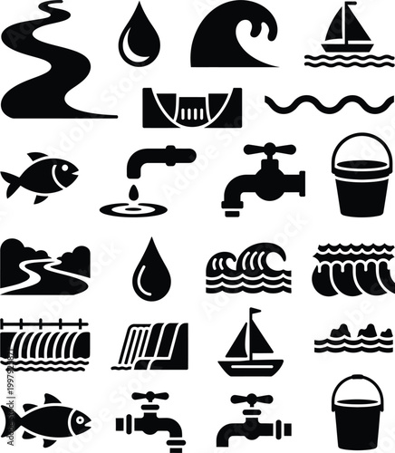 Water resource and aquatic life silhouette icon set collection with sailboat waterfall silhouette