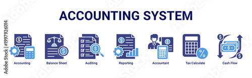 Accounting System banner with accounting,balance sheet,auditing,reporting,tax calculation and cash flow icons for corporate finance concept