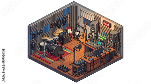 A musician's studio room filled with a drum set, speakers, and recording equipment for music production and performance.