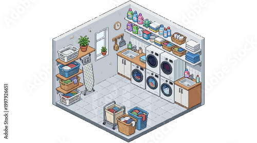 Isometric view of a laundry room with washing machines and dryer inside