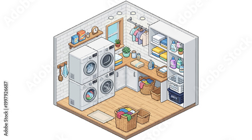 An isometric illustration of a cluttered laundry room interior with washing machines and shelves filled with colorful items and baskets.