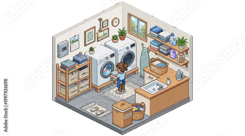 A person doing laundry in a small laundry room interior with washing machine and dryer