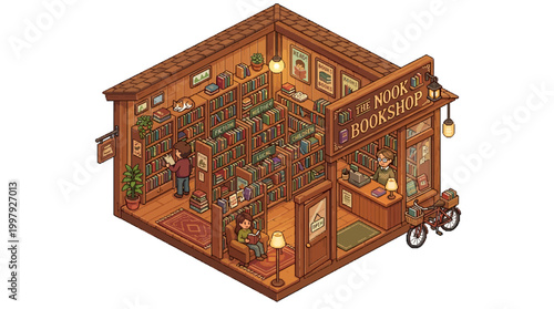 Small bookstore interior isometric view with people reading and bookshelves