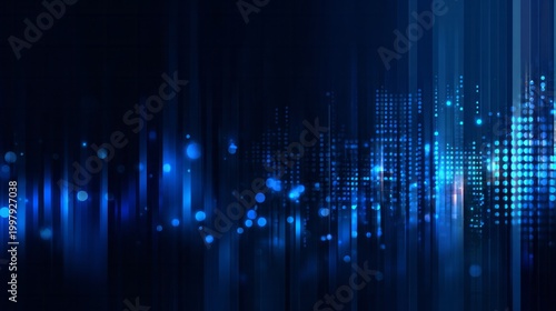 Futuristic city skyline illuminated by vibrant blue digital lights.