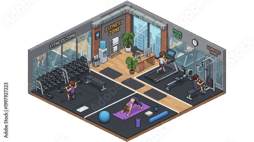 A 3D isometric illustration of people working out in a modern gym interior with equipment and a corner fountain nearby.