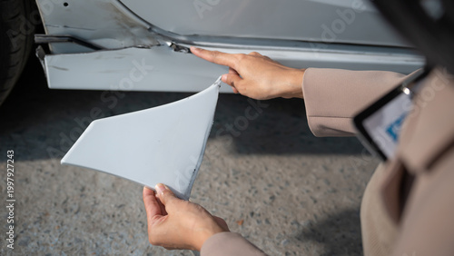 Foto Close-up of hands inspecting a damaged car side panel and holding a broken bumper piece, suggesting auto accident claim or repair assessment